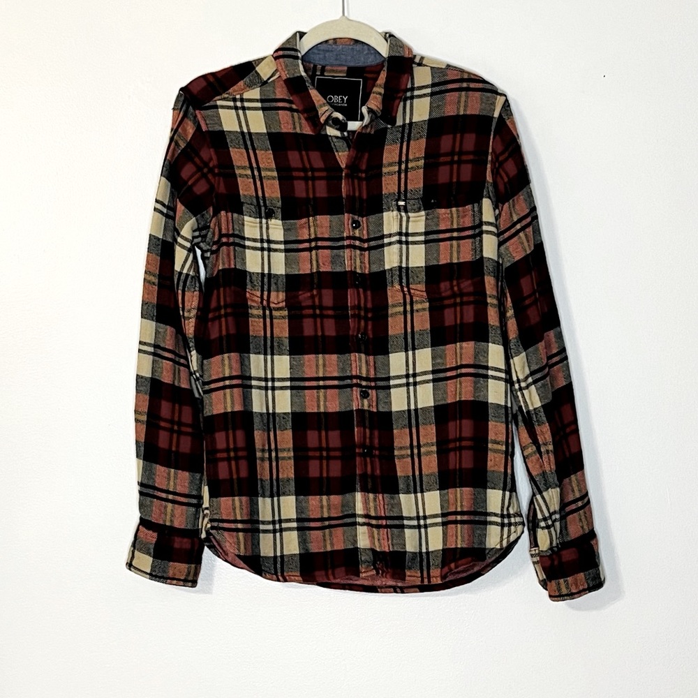 OBEY Propaganda Button Down Flannel Shirt Red Tan Navy Plaid Mens Size Small - Picture 1 of 11
